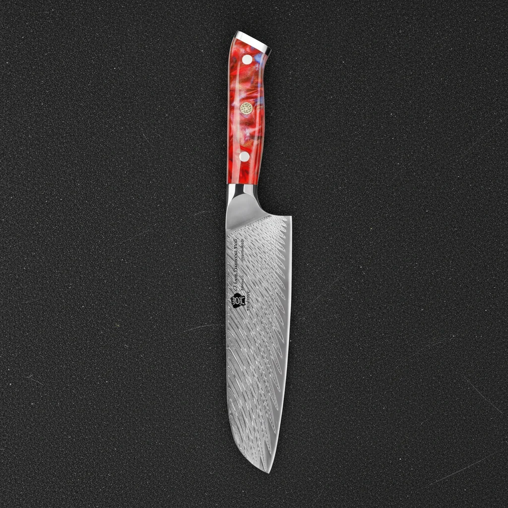 Couteau Santoku Damas 67 Couches 7 Pouces — Rouge