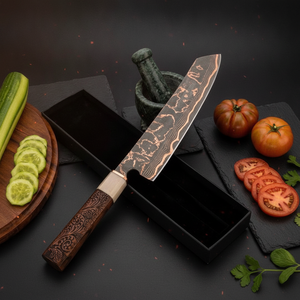 Couteau Santoku en acier Damas cuivré