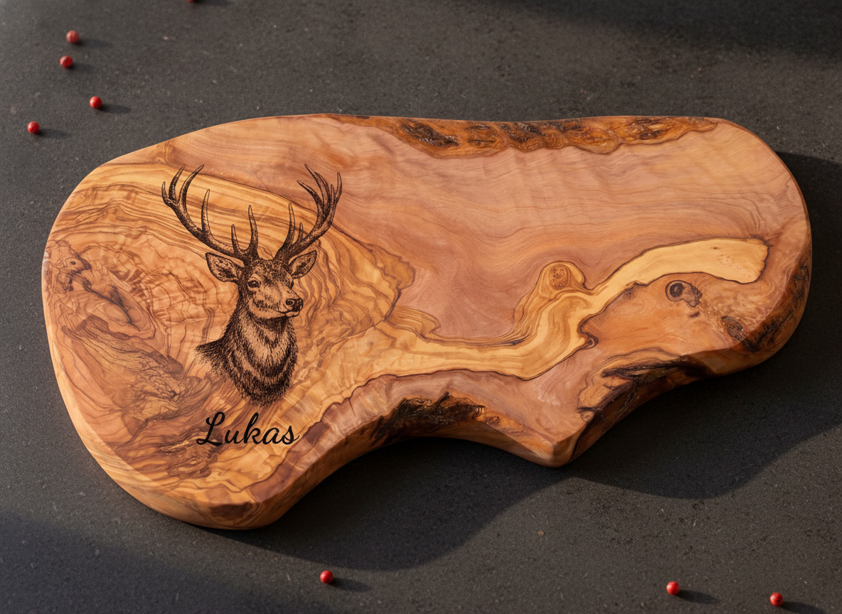 Planche à découper en bois d'olivier gravée cerf