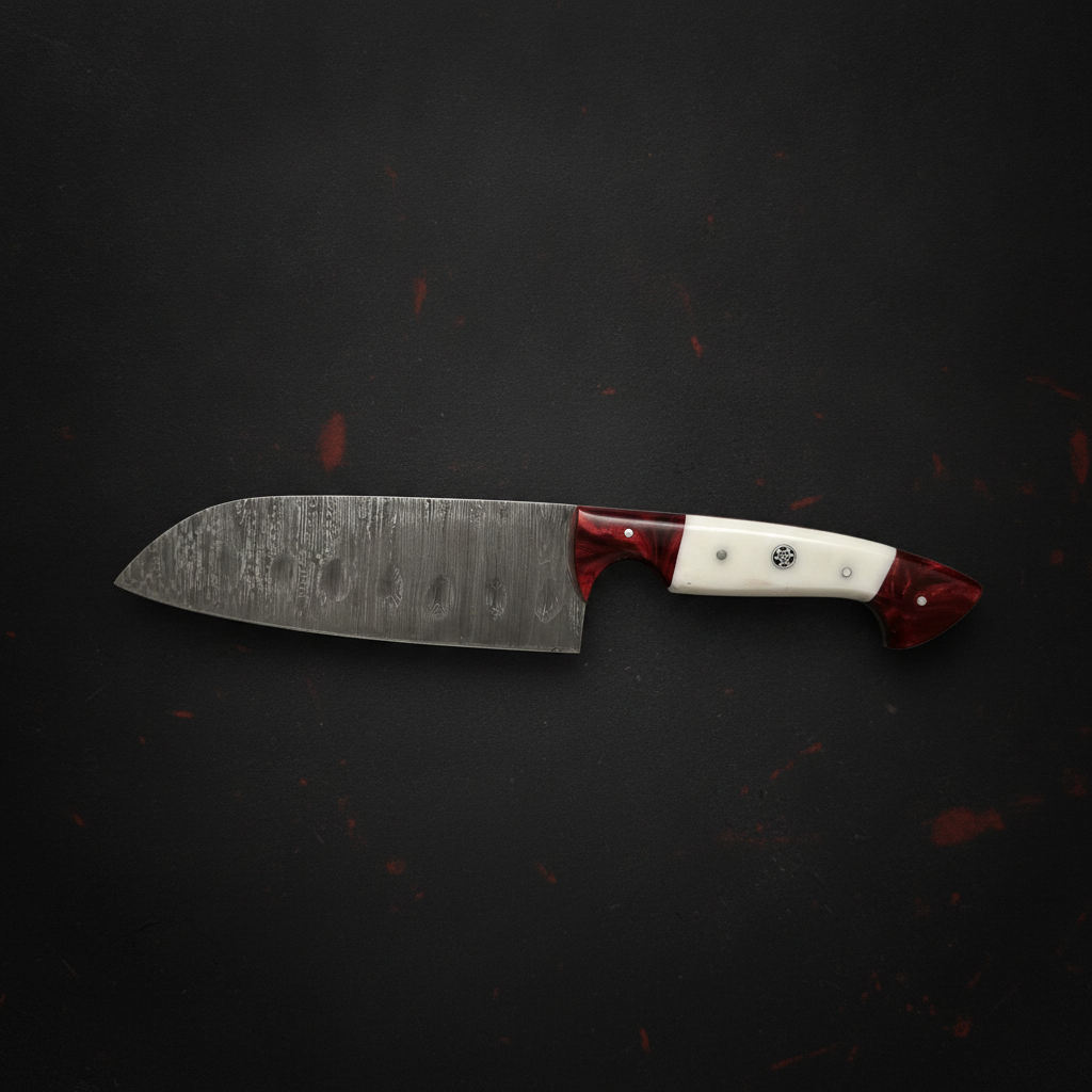 Couteau Santoku Damas manche rouge et blanc