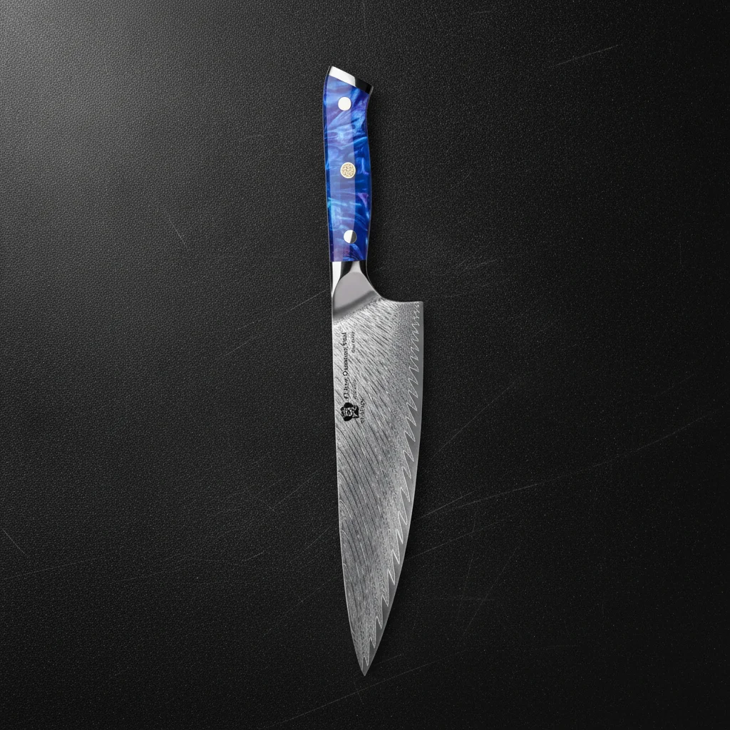Couteau de chef damas 8 pouces manche en résine — Bleu