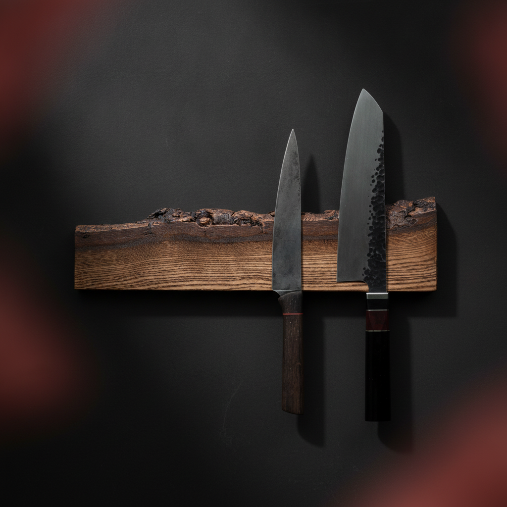 Barre magnétique pour couteaux en chêne bord naturel