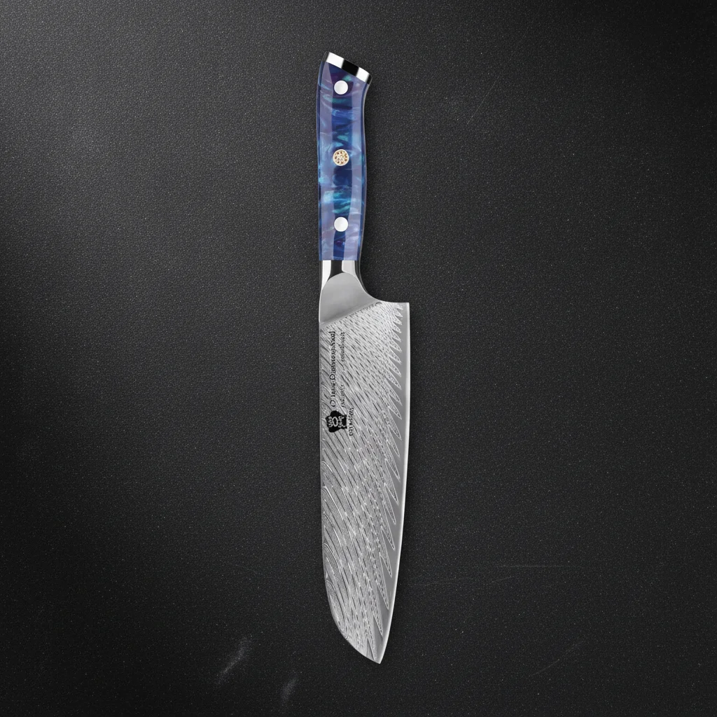 Couteau Santoku Damas 67 Couches 7 Pouces — Bleu