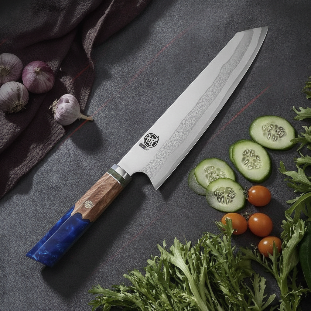 Couteau Kiritsuke Damas 440C 20 cm manche bleu