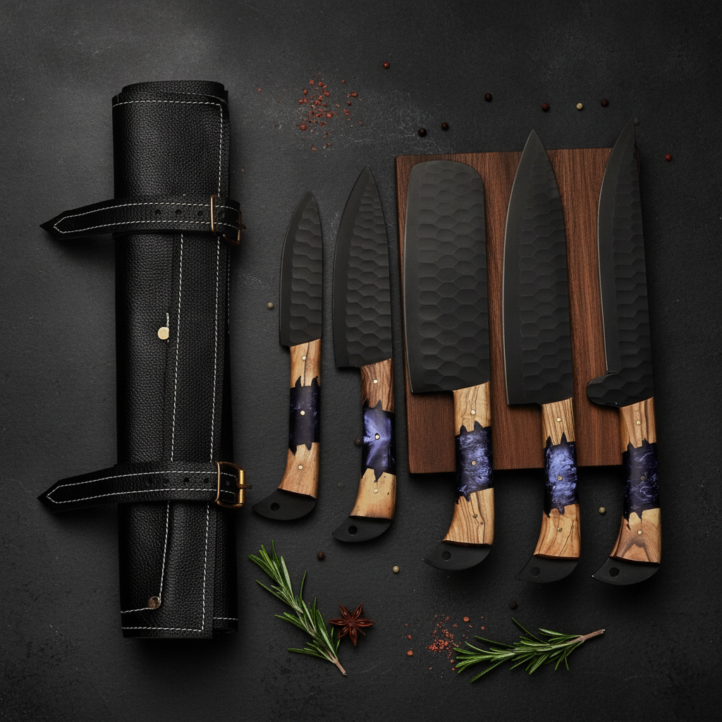 Set de 5 couteaux de cuisine damas cuivre