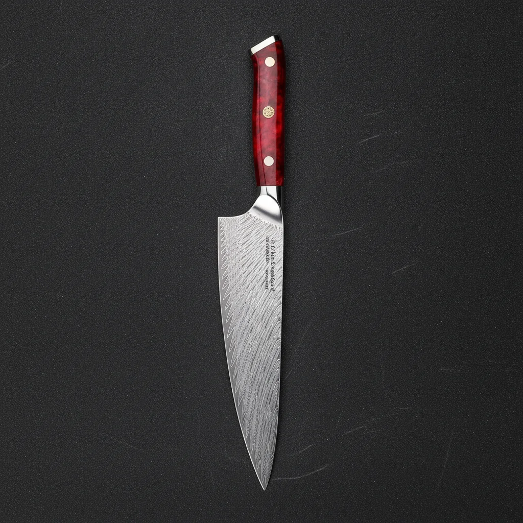 Couteau de chef damas 8 pouces manche résine — Rouge