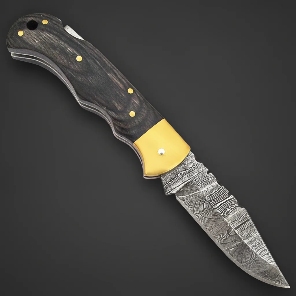 Couteau de poche pliant en acier Damas, manche bois teinté