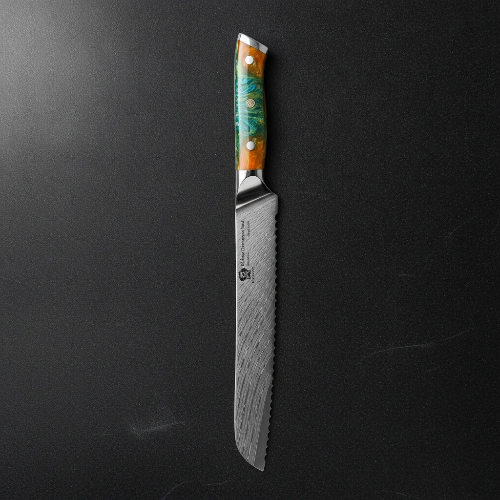 Couteau à pain dentelé en acier damas 8 pouces — Jaune