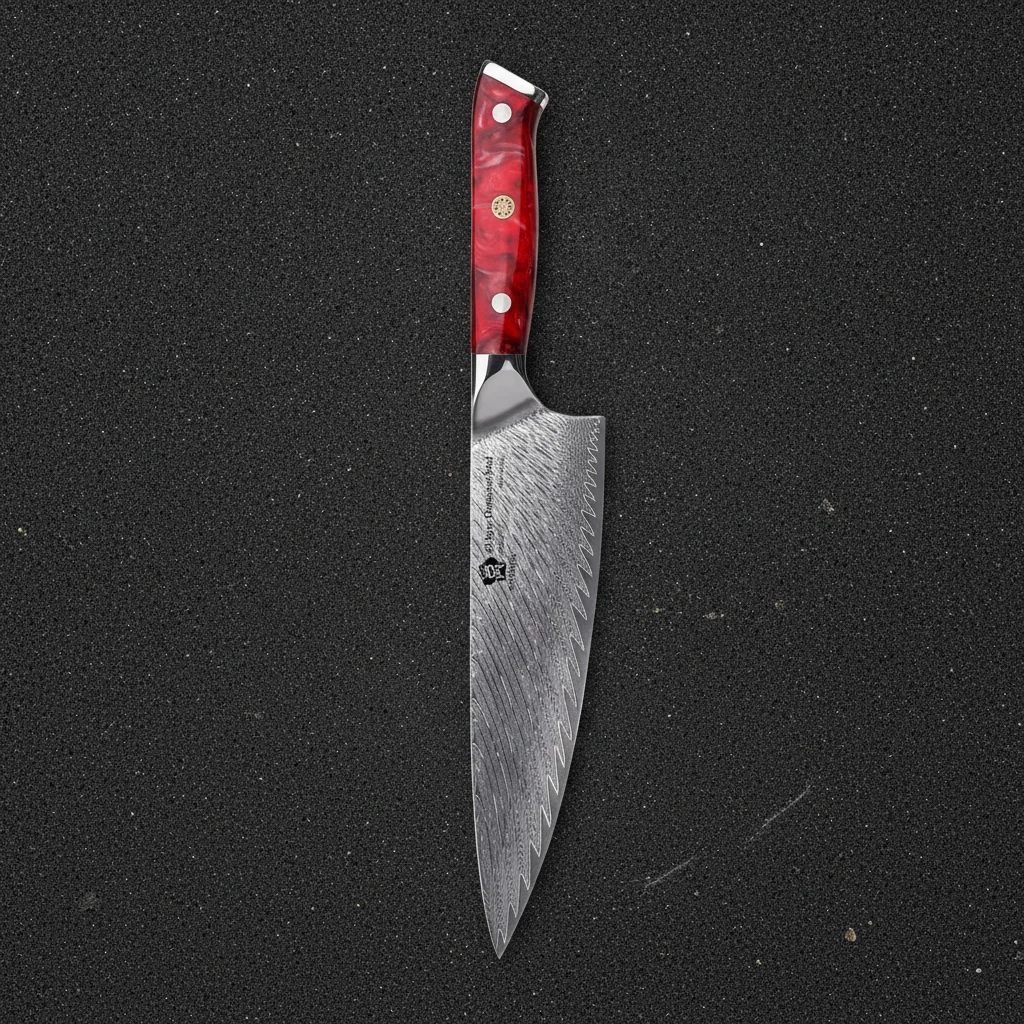 Couteau de chef damas 8 pouces manche résine — Rouge