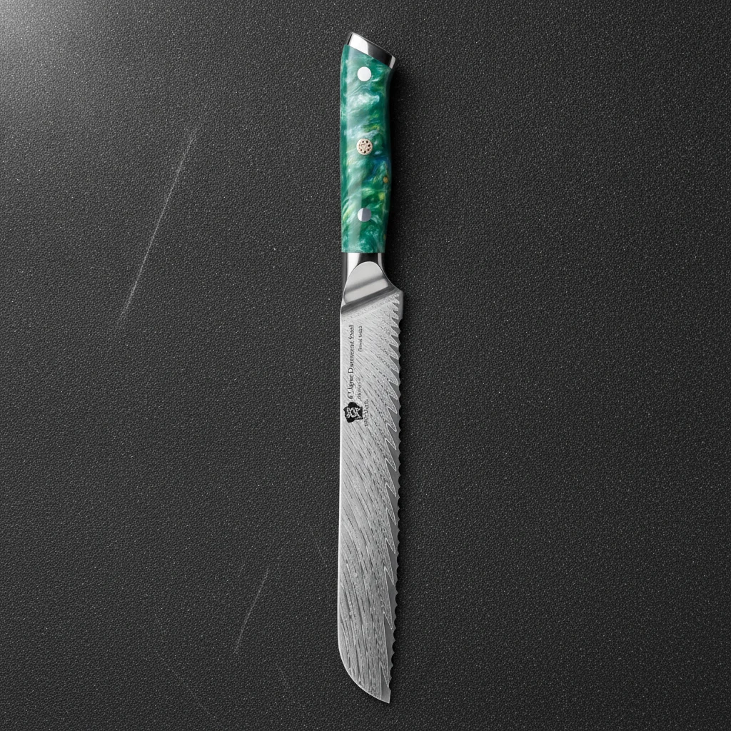 Couteau à pain dentelé en acier damas 8 pouces — Vert