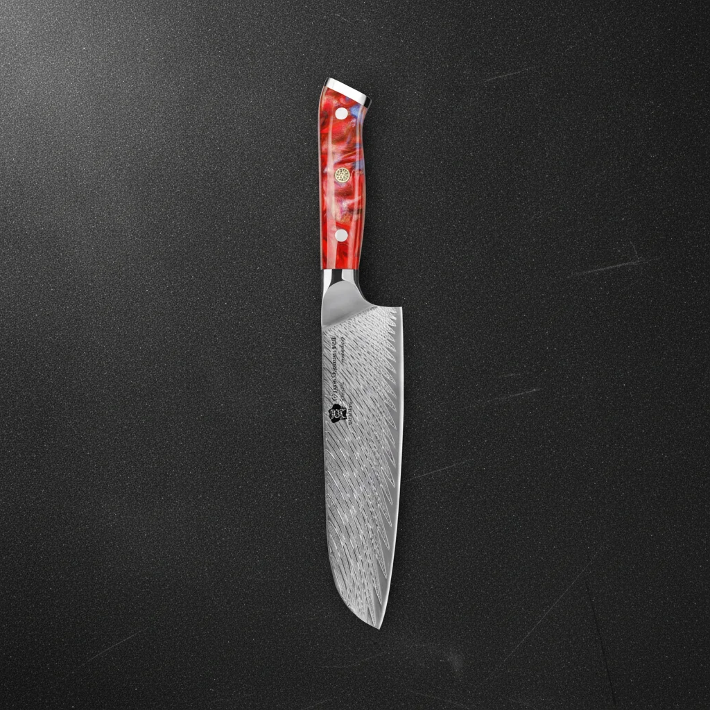 Couteau Santoku Damas 67 couches 7 pouces — Rouge