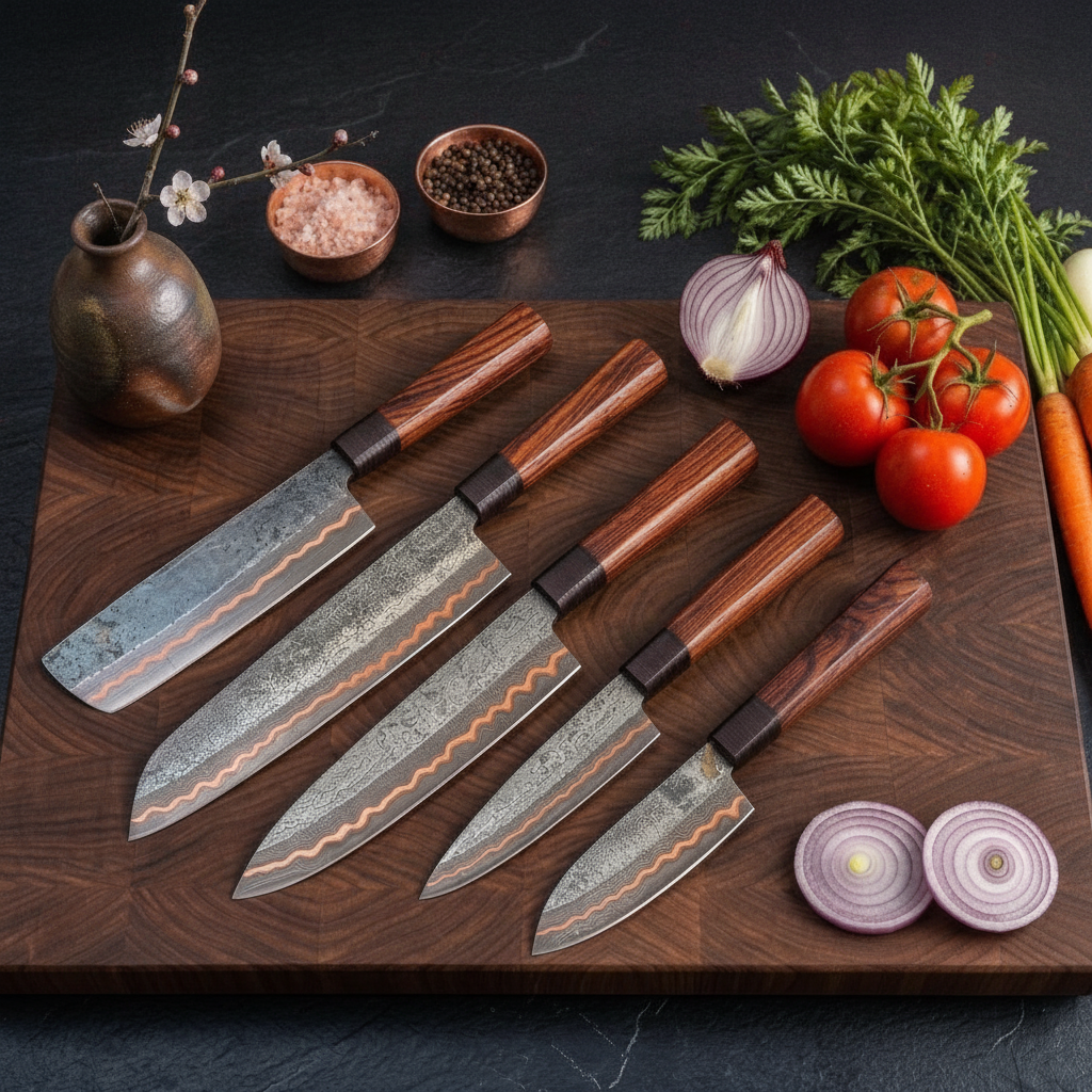 Coffret de 5 couteaux Damas cuivre